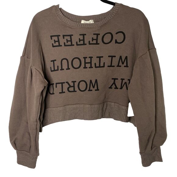 NWT TAYLOR & SAGE Cropped Sweatshirt Long Peasant Sleeve Coffee Womens M Brown - Picture 2 of 10
